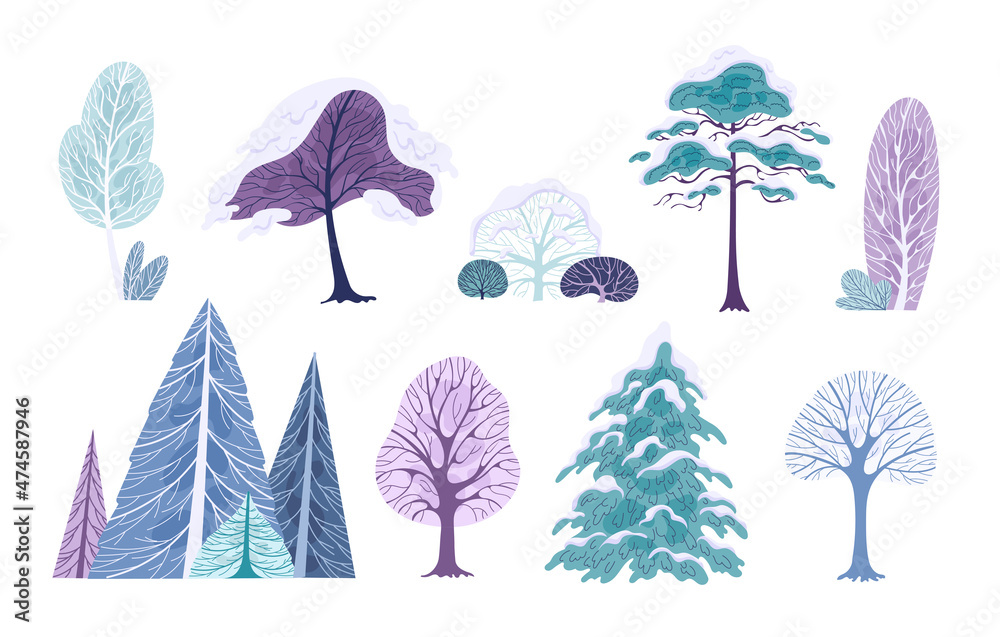 Obraz premium Winter trees snow covered crowns vector illustration.