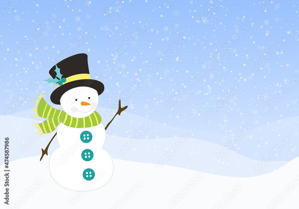 A cute happy snowman in cartoon style with hat and knitted scarf, suitable for seasonal greetings and winter designs A cute happy snowman in cartoon style with hat and knitted scarf, suitable for seasonal greetings and winter designs