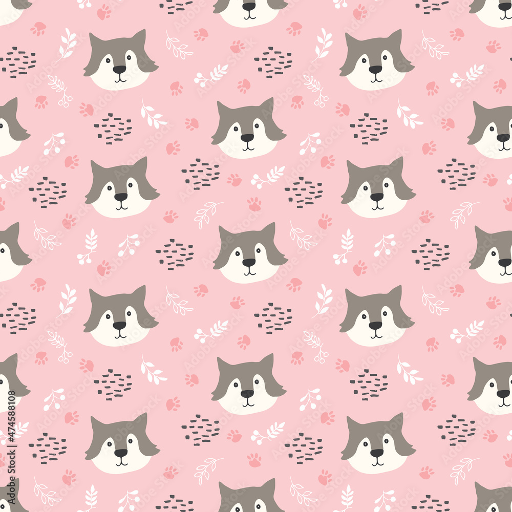 Cute wolf Seamless pattern. Cartoon Animals in forest background. Vector illustration