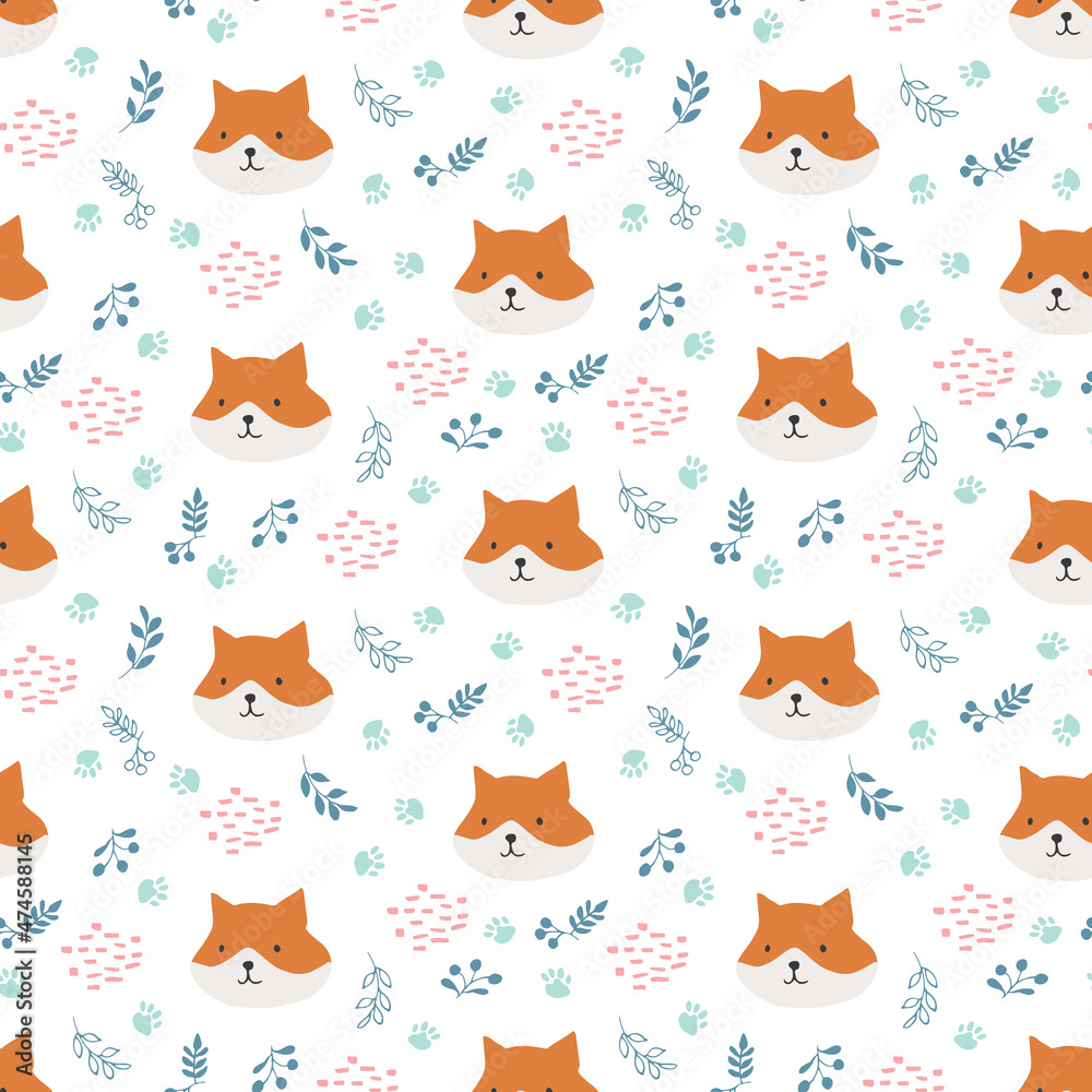 Obraz premium Cute Fox Seamless pattern. Cartoon Animals in forest background. Vector illustration