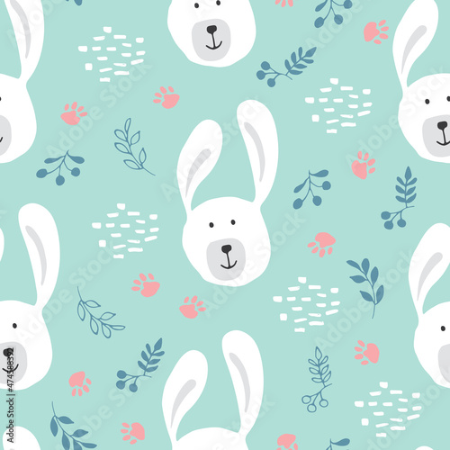 Cute rabbit Seamless pattern. Cartoon Animals in forest background. Vector illustration