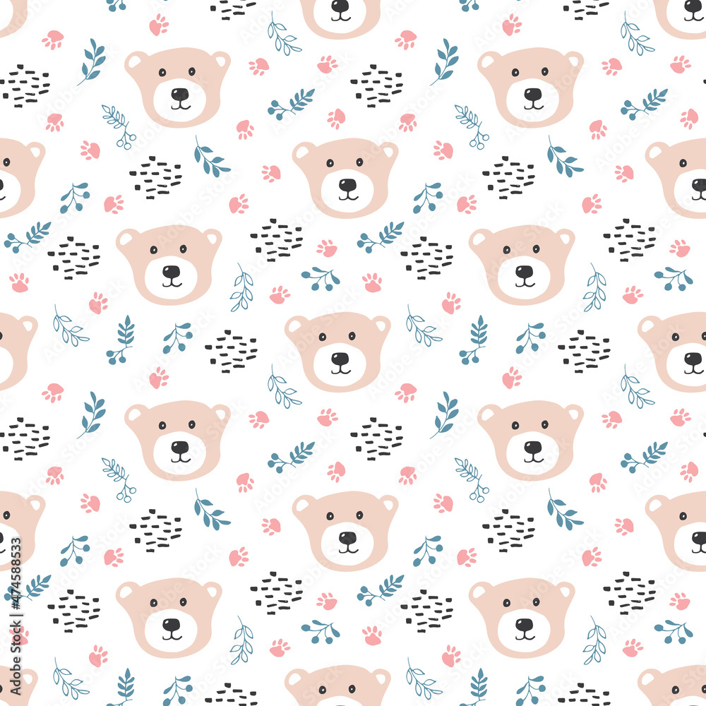 Cute bear Seamless pattern. Cartoon Animals in forest background. Vector illustration Cute bear Seamless pattern. Cartoon Animals in forest background. Vector illustration