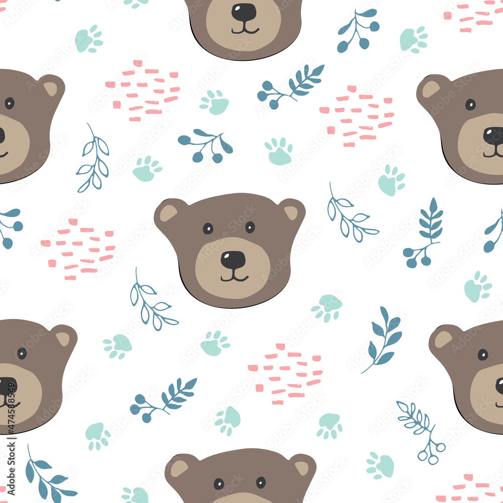 Naklejka premium Cute bear Seamless pattern. Cartoon Animals in forest background. Vector illustration
