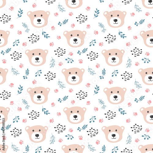 Fototapeta Naklejka Na Ścianę i Meble -  Cute bear Seamless pattern. Cartoon Animals in forest background. Vector illustration