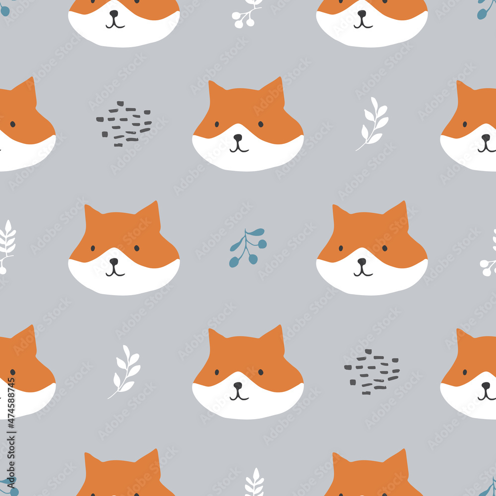 Fototapeta premium Cute Fox Seamless pattern. Cartoon Animals in forest background. Vector illustration