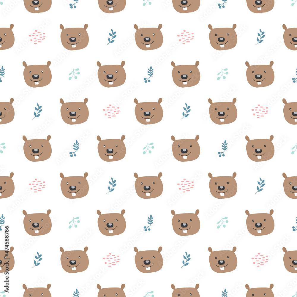 Cute Beaver Seamless pattern. Cartoon Animals in forest background. Vector illustration Cute Beaver Seamless pattern. Cartoon Animals in forest background. Vector illustration