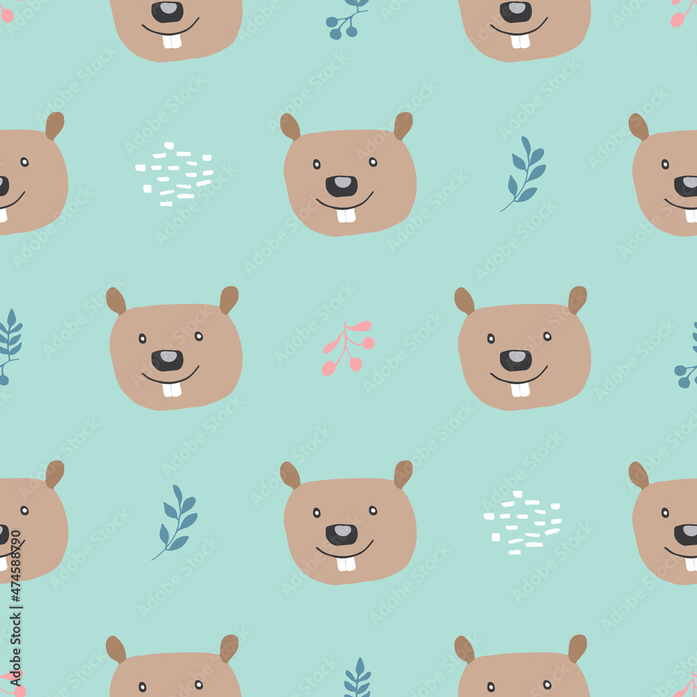 Cute Beaver Seamless pattern. Cartoon Animals in forest background. Vector illustration Cute Beaver Seamless pattern. Cartoon Animals in forest background. Vector illustration