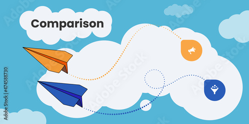 Comparison concept. Two paper aeroplanes represent competition between two products or companies. The difference in productivity, speed, colour. Dotted lines show the history and trajectory of a path