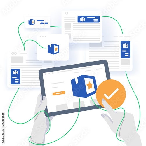 Retargeting advertising concept. Holding the tablet in hands and seeing retargeting ads on different platforms and websites. The path from a visitor to a client. Lead conversion idea photo