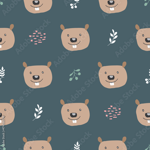 Fototapeta Naklejka Na Ścianę i Meble -  Cute Beaver Seamless pattern. Cartoon Animals in forest background. Vector illustration