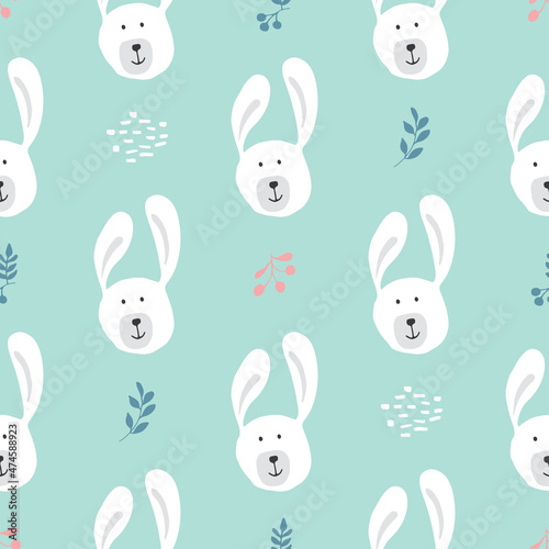 Cute rabbit Seamless pattern. Cartoon Animals in forest background. Vector illustration