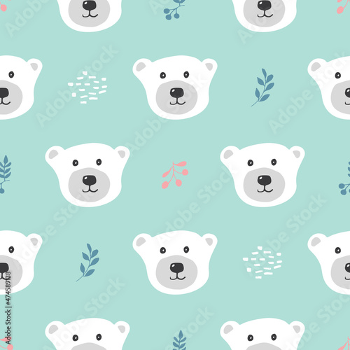 Cute bear Seamless pattern. Cartoon Animals in forest background. Vector illustration