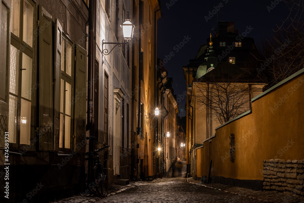 Old town Stockholm Sweden at night.
St Gertrud german church from Prästgatan.