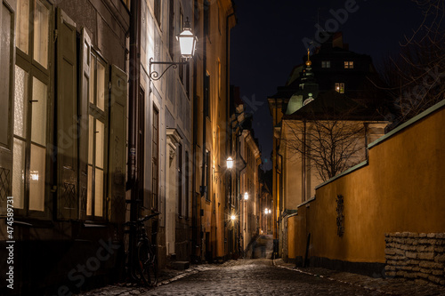 Old town Stockholm Sweden at night. St Gertrud german church from Pr  stgatan.