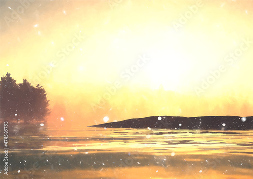 Watercolour winter solstice landscape at sunset