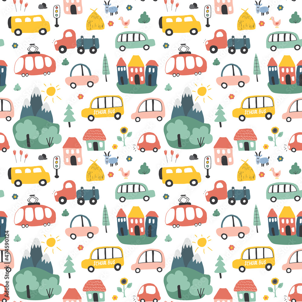 Fototapeta premium Cute Cars Seamless Pattern, Cartoon transportation Doodles Background, vector Illustration