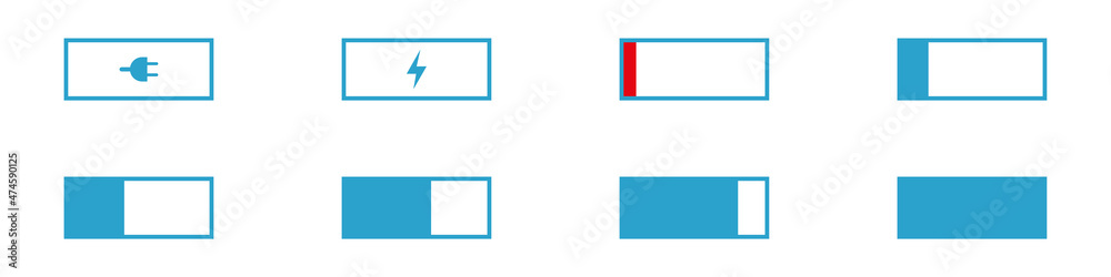 Conjunto de iconos de indicador de carga de la batería. Barra del nivel de carga de la batería. Ilustración vectorial, estilo azul Conjunto de iconos de indicador de carga de la batería. Barra del nivel de carga de la batería. Ilustración vectorial, estilo azul