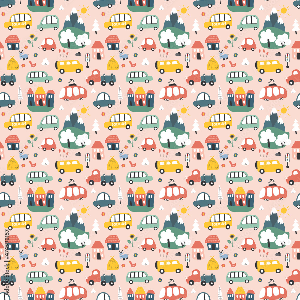 Cute Cars Seamless Pattern, Cartoon transportation Doodles Background, vector Illustration