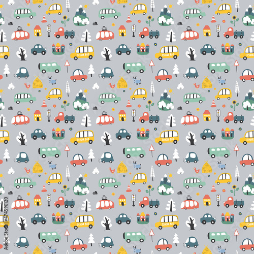 Wallpaper Mural Cute Cars Seamless Pattern, Cartoon transportation Doodles Background, vector Illustration Torontodigital.ca