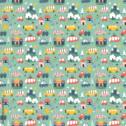 Wallpaper Mural Cute Cars Seamless Pattern, Cartoon transportation Doodles Background, vector Illustration Torontodigital.ca