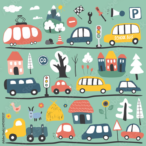 Cars Cartoon Set. Cute transport Doodles collection, vector illustration