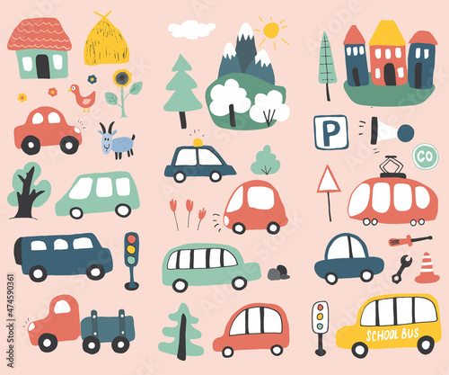 Cars Cartoon Set. Cute transport Doodles collection, vector illustration © saint_antonio