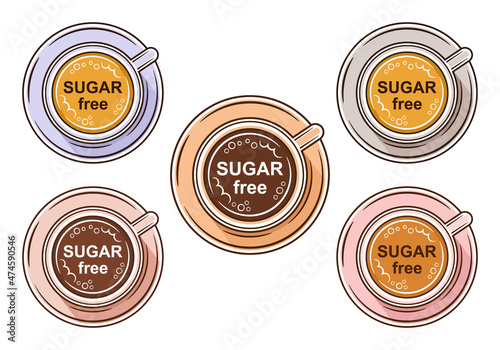 Sugar free diet coffee drink in cup icon set. Sugarless hot cacao chocolate, no sweet cappuccino, latte or fresh tea. Slimming beverage. Low calorie food weight loss. Healthy eat for diabetes. Vector