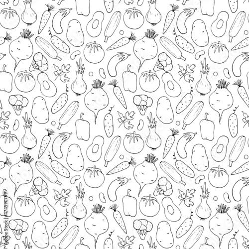 Vegetables seamless pattern. Vegetarian healthy bio food background  Vegan organic eco products pepper  tomato  cucumber  carrot  potato  avocado  beans and peas. Vector illustration
