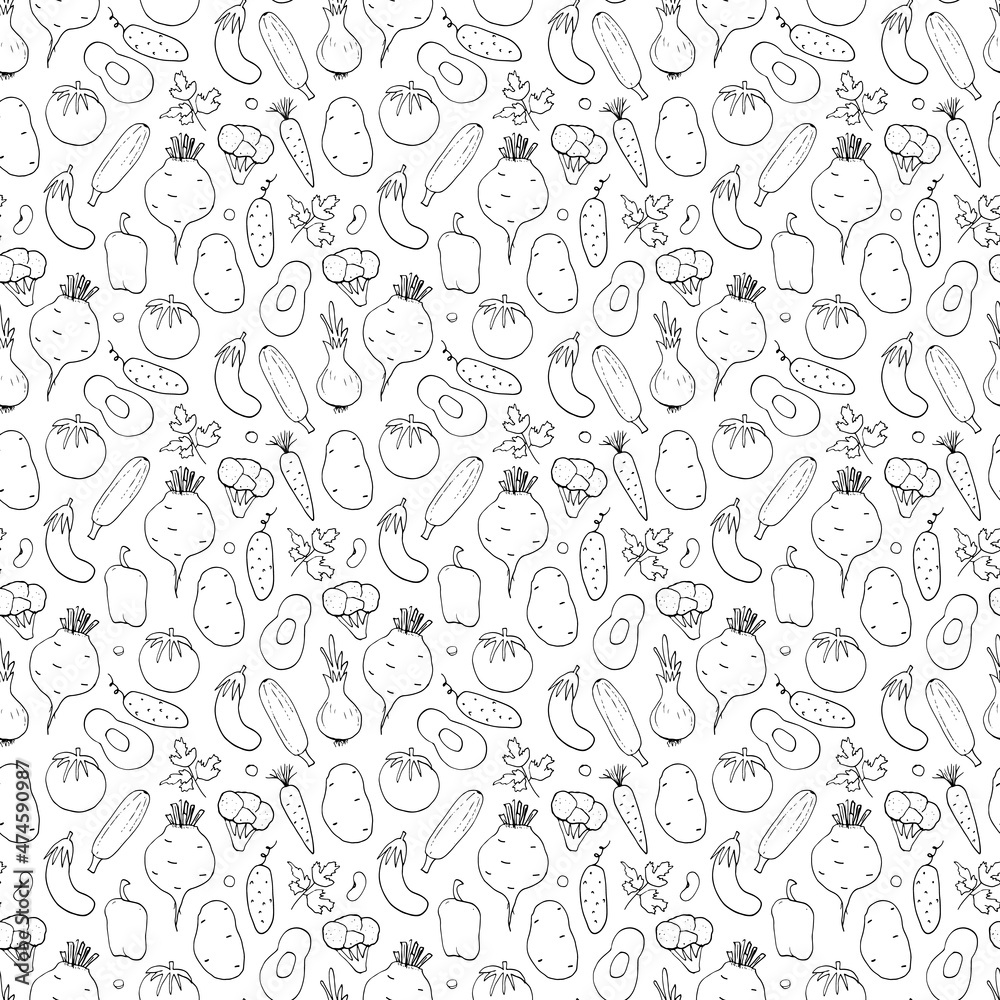 Vegetables seamless pattern. Vegetarian healthy bio food background, Vegan organic eco products pepper, tomato, cucumber, carrot, potato, avocado, beans and peas. Vector illustration Vegetables seamless pattern. Vegetarian healthy bio food background, Vegan organic eco products pepper, tomato, cucumber, carrot, potato, avocado, beans and peas. Vector illustration