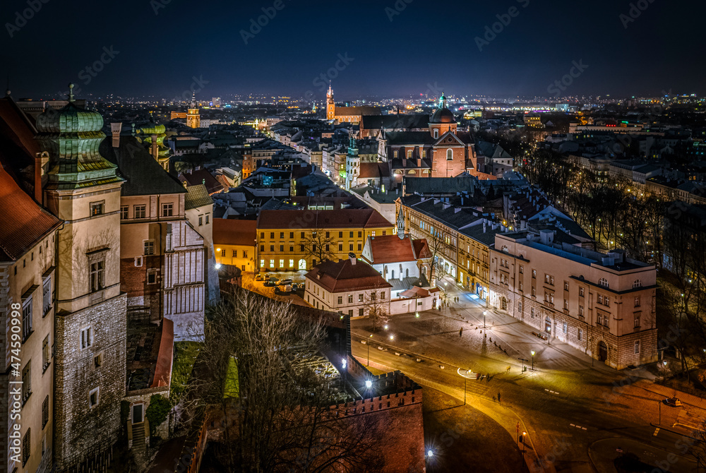 Panorama of Old Town in Krakow (Grodzka Street), view from Wawel Royal Castle