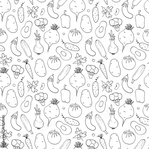 Vegetables seamless pattern. Vegetarian healthy bio food background, Vegan organic eco products pepper, tomato, cucumber, carrot, potato, avocado, beans and peas. Vector illustration