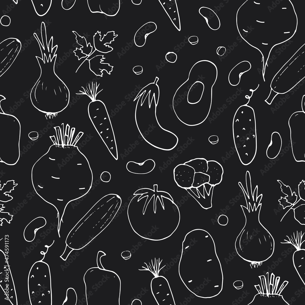 Vegetables seamless pattern. Vegetarian healthy bio food background, Vegan organic eco products pepper, tomato, cucumber, carrot, potato, avocado, beans and peas. Vector illustration