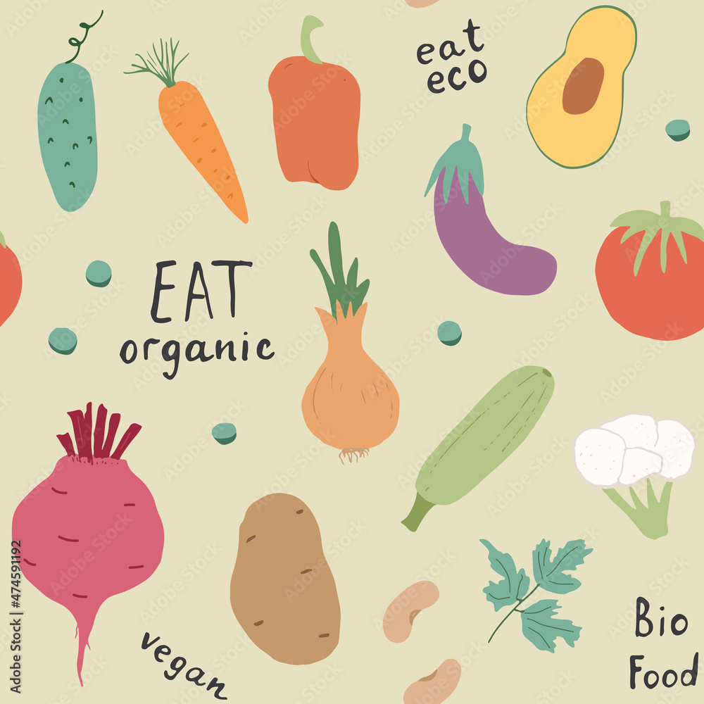 Vegetables seamless pattern. Vegetarian healthy bio food background, Vegan organic eco products pepper, tomato, cucumber, carrot, potato, avocado, beans and peas. Vector illustration Vegetables seamless pattern. Vegetarian healthy bio food background, Vegan organic eco products pepper, tomato, cucumber, carrot, potato, avocado, beans and peas. Vector illustration