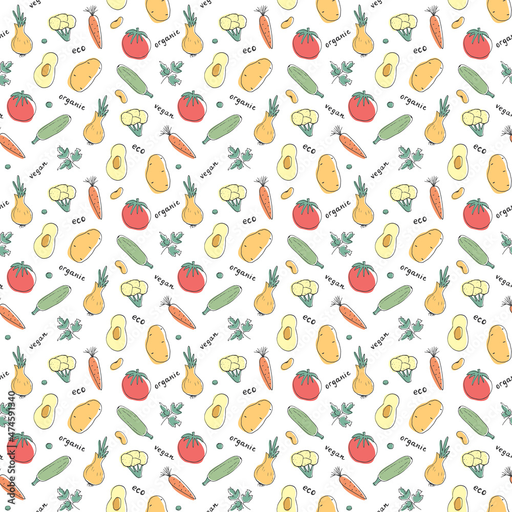 Vegetables seamless pattern. Vegetarian healthy bio food background, Vegan organic eco products pepper, tomato, cucumber, carrot, potato, avocado, beans and peas. Vector illustration Vegetables seamless pattern. Vegetarian healthy bio food background, Vegan organic eco products pepper, tomato, cucumber, carrot, potato, avocado, beans and peas. Vector illustration