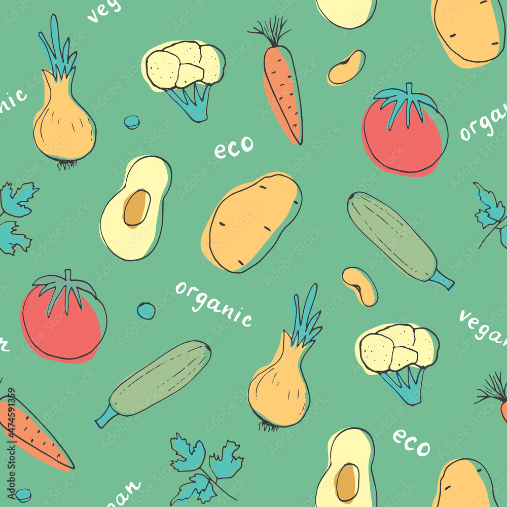 Vegetables seamless pattern. Vegetarian healthy bio food background, Vegan organic eco products pepper, tomato, cucumber, carrot, potato, avocado, beans and peas. Vector illustration Vegetables seamless pattern. Vegetarian healthy bio food background, Vegan organic eco products pepper, tomato, cucumber, carrot, potato, avocado, beans and peas. Vector illustration