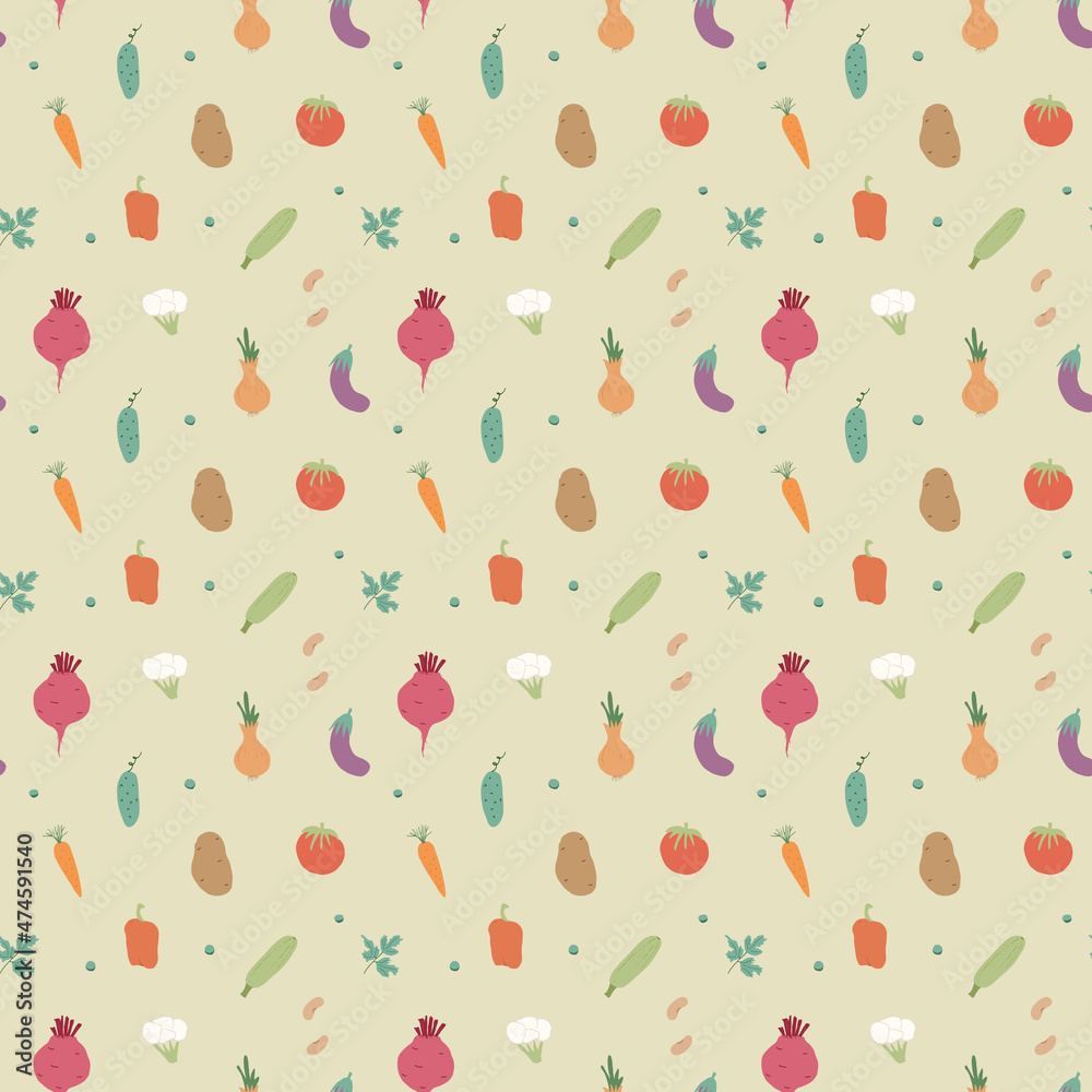 Vegetables seamless pattern. Vegetarian healthy bio food background, Vegan organic eco products pepper, tomato, cucumber, carrot, potato, avocado, beans and peas. Vector illustration Vegetables seamless pattern. Vegetarian healthy bio food background, Vegan organic eco products pepper, tomato, cucumber, carrot, potato, avocado, beans and peas. Vector illustration