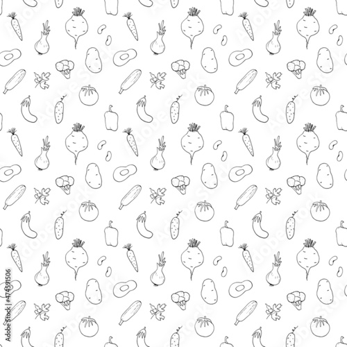 Vegetables seamless pattern. Vegetarian healthy bio food background, Vegan organic eco products pepper, tomato, cucumber, carrot, potato, avocado, beans and peas. Vector illustration