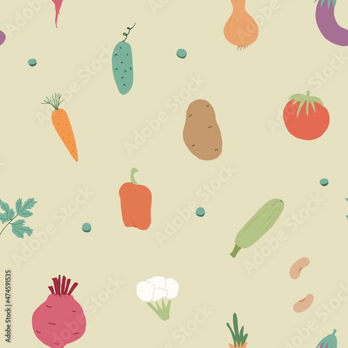 Fototapeta Naklejka Na Ścianę i Meble -  Vegetables seamless pattern. Vegetarian healthy bio food background, Vegan organic eco products pepper, tomato, cucumber, carrot, potato, avocado, beans and peas. Vector illustration