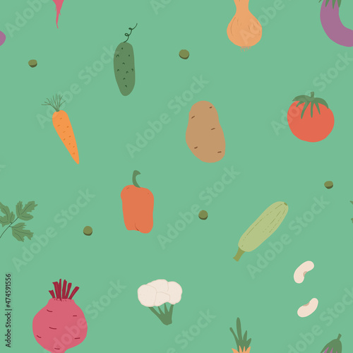 Vegetables seamless pattern. Vegetarian healthy bio food background, Vegan organic eco products pepper, tomato, cucumber, carrot, potato, avocado, beans and peas. Vector illustration