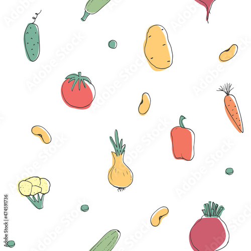 Fototapeta Naklejka Na Ścianę i Meble -  Vegetables seamless pattern. Vegetarian healthy bio food background, Vegan organic eco products pepper, tomato, cucumber, carrot, potato, avocado, beans and peas. Vector illustration