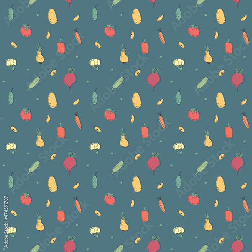 Vegetables seamless pattern. Vegetarian healthy bio food background, Vegan organic eco products pepper, tomato, cucumber, carrot, potato, avocado, beans and peas. Vector illustration