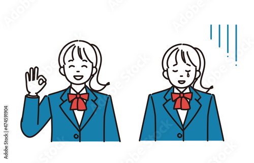 OKポーズをしているまたはがっかりしている女子高生または女子中学生のシンプルイラスト2ポーズセット