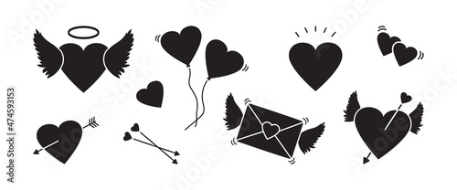 Valentine day vector black icon, romance cute set isolated on white background. Holiday illustration