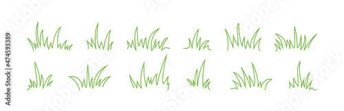 Grass bush line vector set hand drawn, sketch elements meadow and landscape, scribble lawn, green border outline design isolated on white background. Nature illustration