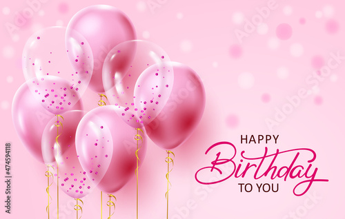 Birthday pink balloons vector design. Happy birthday greeting text with girly balloon elements in bokeh dots background for birth day girl celebration decoration. Vector illustration.
