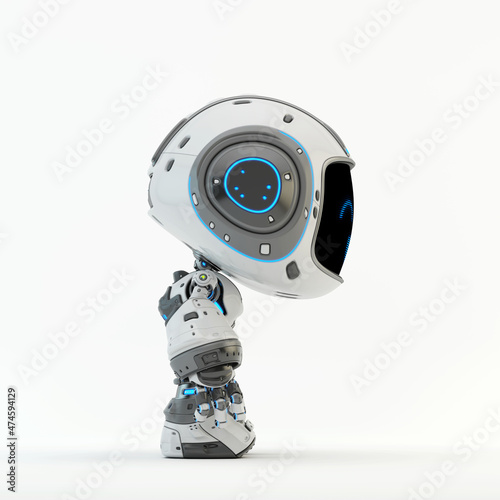 Cute white bot with blue eyes and digital smile, 3d rendering on white background in side view