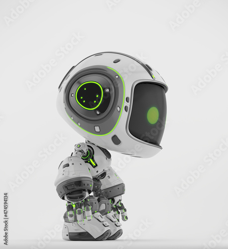 Cute bot with digital screen-face and green led eyes, 3d rendering in side angle