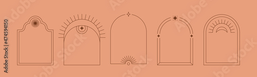 Boho Frames Set in Trendy Minimal Liner Style. Vector Bohemian Borders for Creating Logo, Postcard, Posters