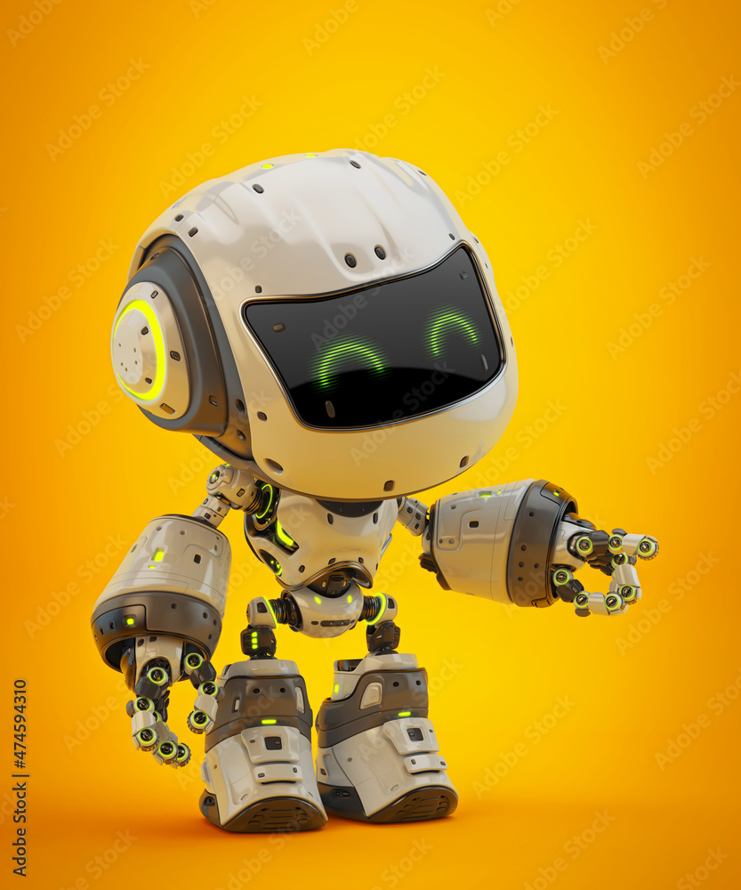 White android robot toy MOCCO on colorful back, pointing with arm 3d rendering White android robot toy MOCCO on colorful back, pointing with arm 3d rendering