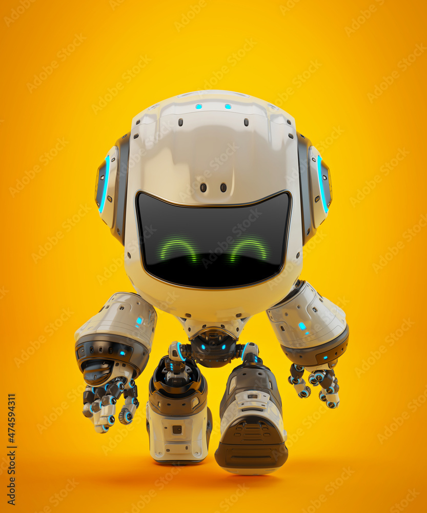 Naklejka premium White android robot toy MOCCO on colorful back walking forward, 3d rendering